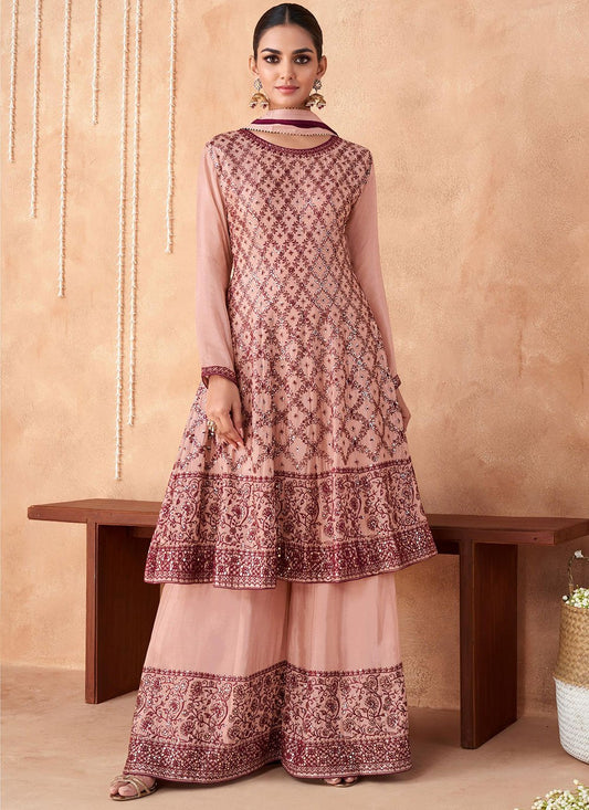 Palazzo Salwar Suit Chinon Georgette Pink Embroidered Salwar Kameez