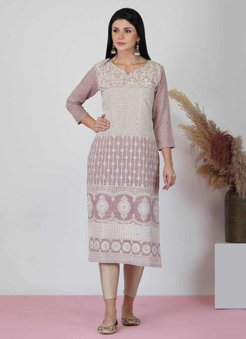 Casual Kurti Viscose Pink Embroidered Kurtis