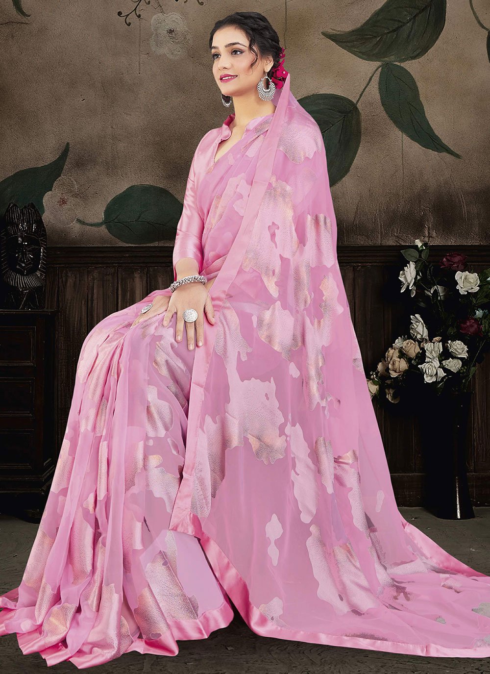 Classic Brasso Organza Pink Print Saree