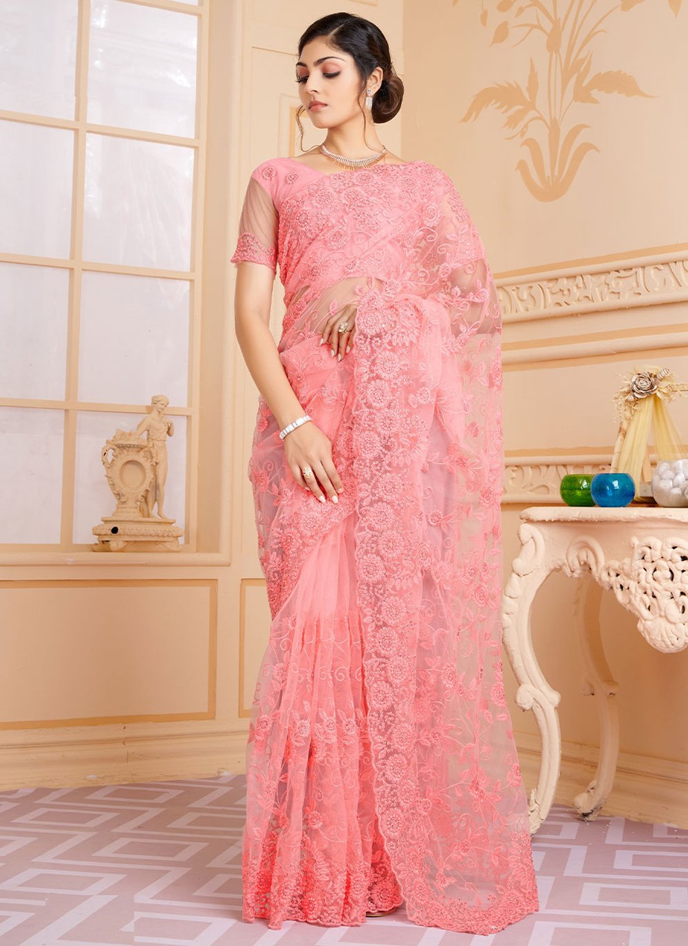 Classic Net Pink Embroidered Saree