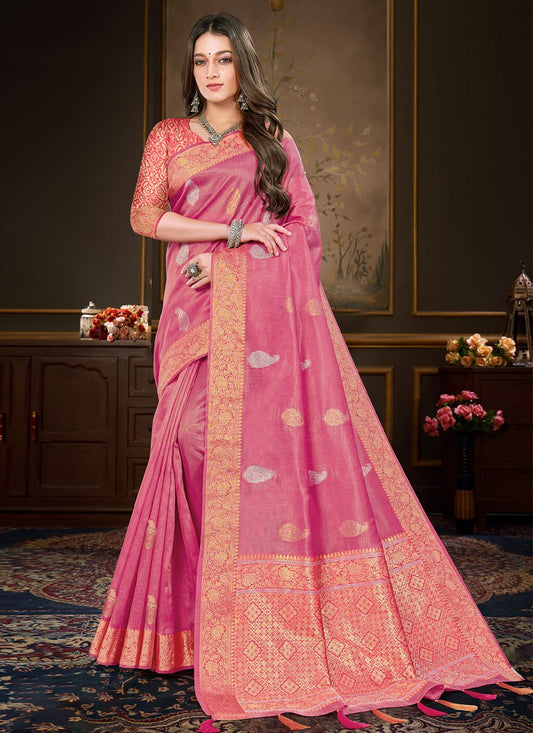 Contemporary Organza Pink Weaving Saree