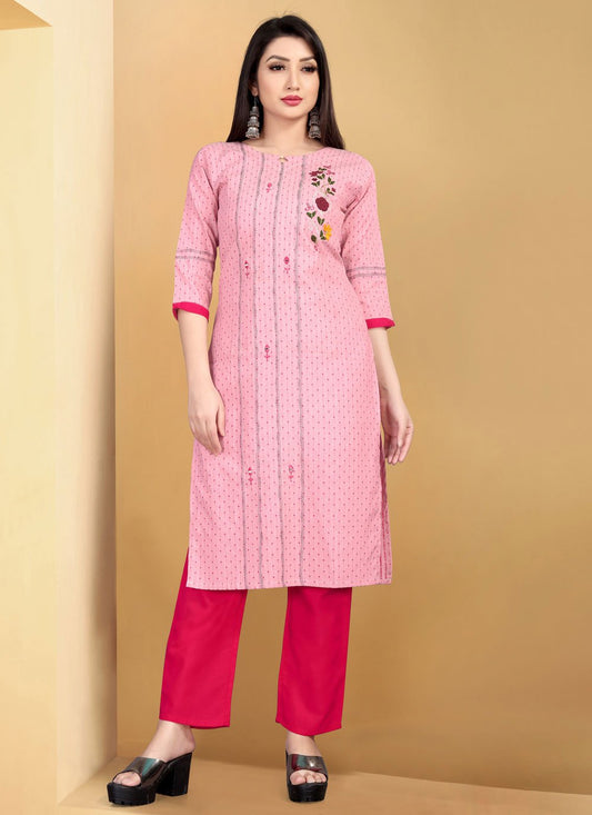 Designer Kurti Cotton Pink Embroidered Kurtis