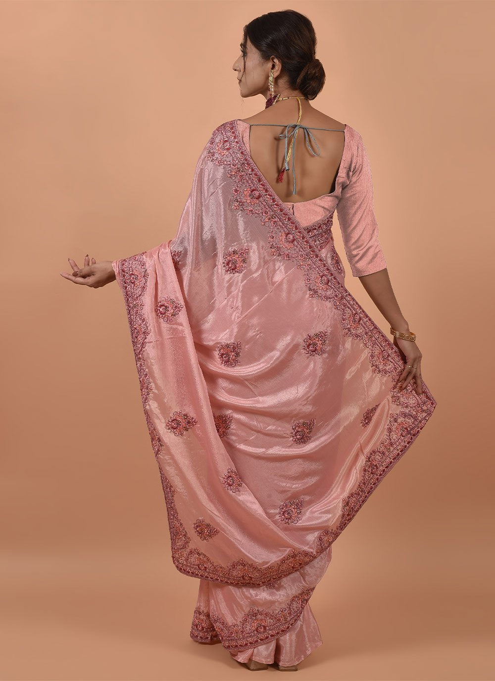 Designer Satin Pink Embroidered Saree