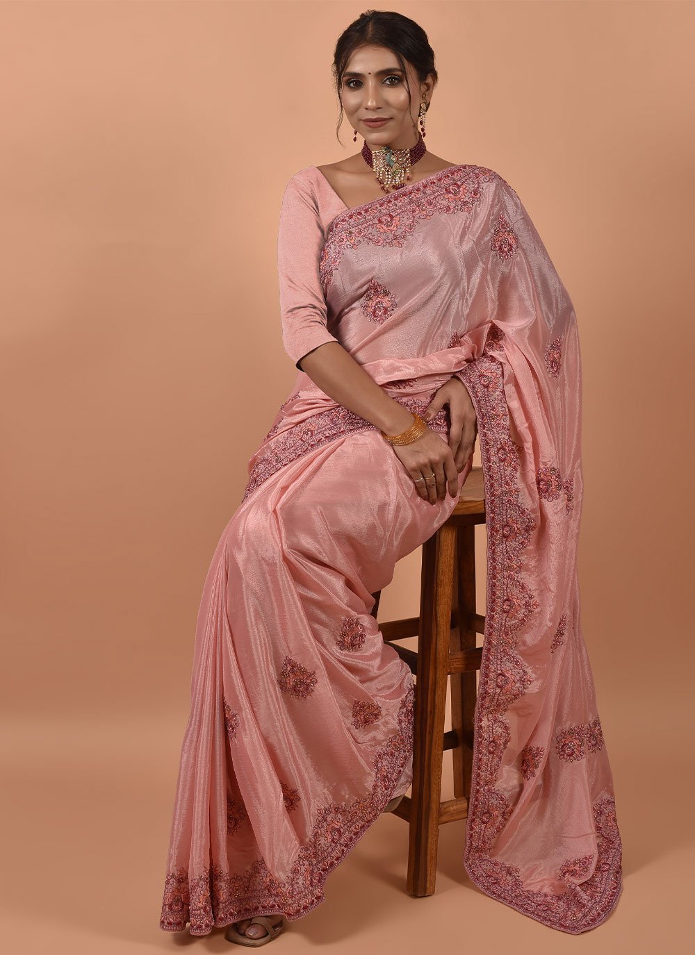 Designer Satin Pink Embroidered Saree