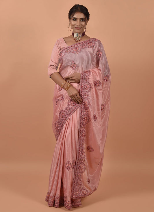 Designer Satin Pink Embroidered Saree