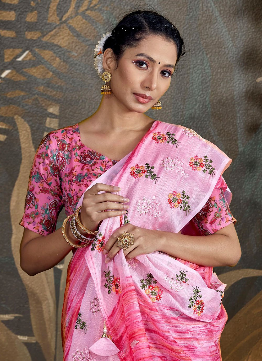 Trendy Saree Foil Pink Embroidered Saree