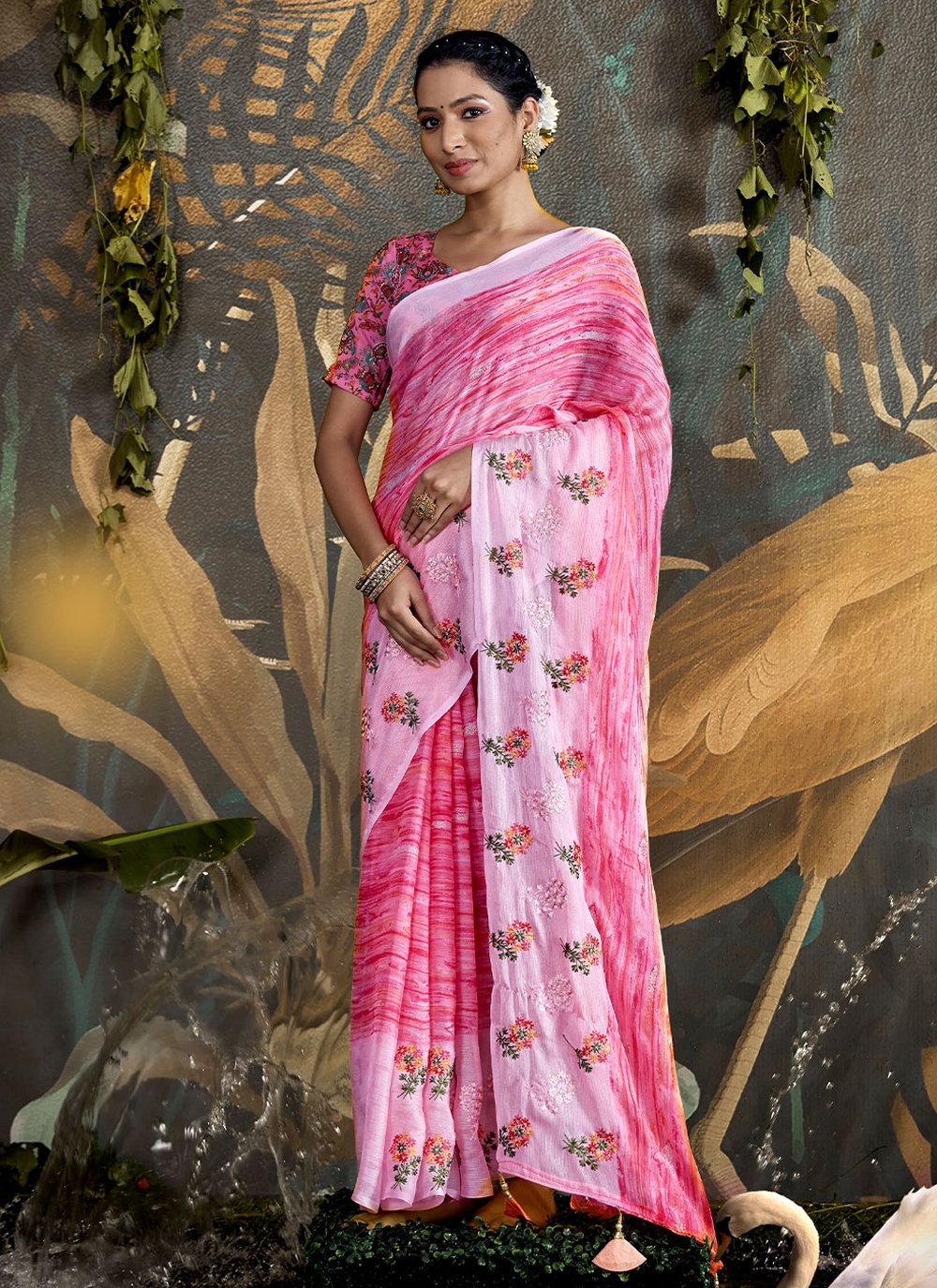 Trendy Saree Foil Pink Embroidered Saree