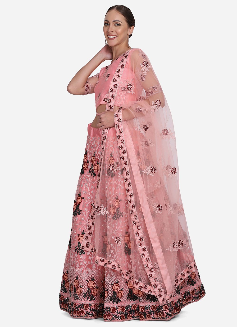 A Line Lehenga Net Pink Embroidered Lehenga Choli