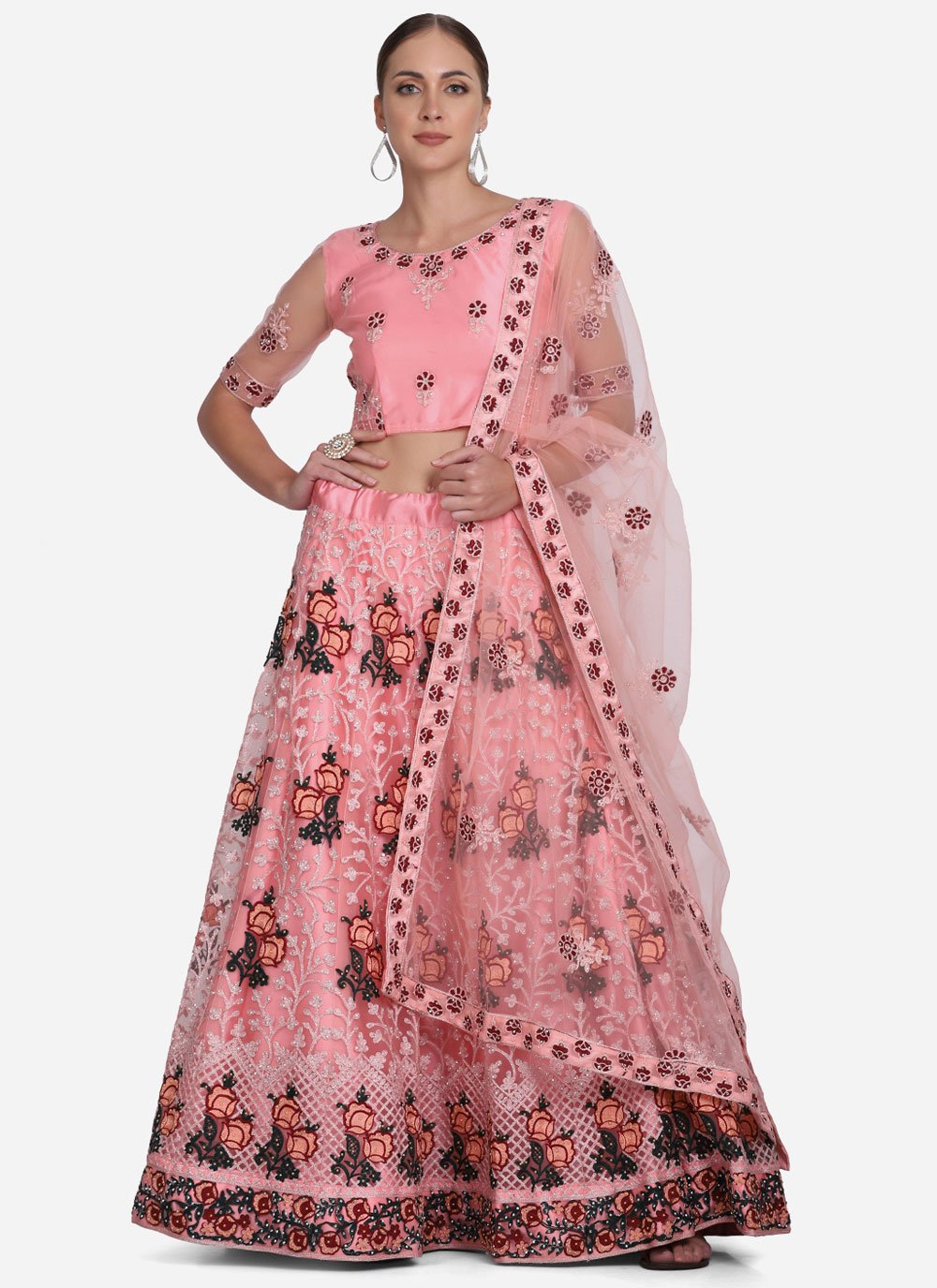 A Line Lehenga Net Pink Embroidered Lehenga Choli