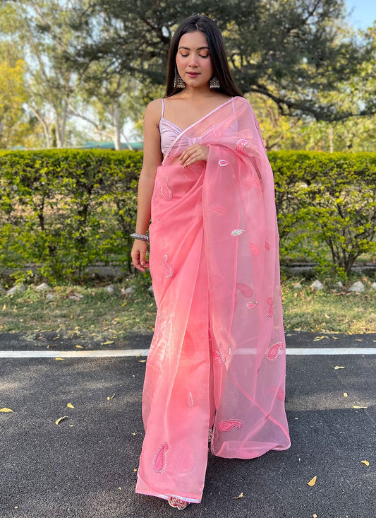 Trendy Saree Net Pink Embroidered Saree