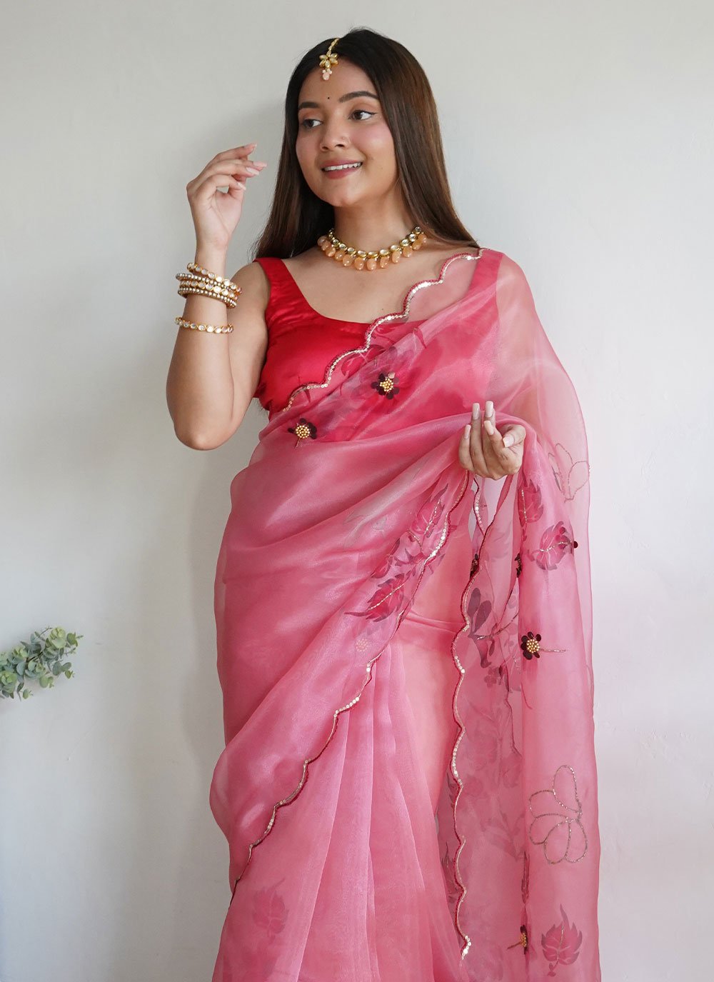 Trendy Saree Organza Pink Aari Work Saree
