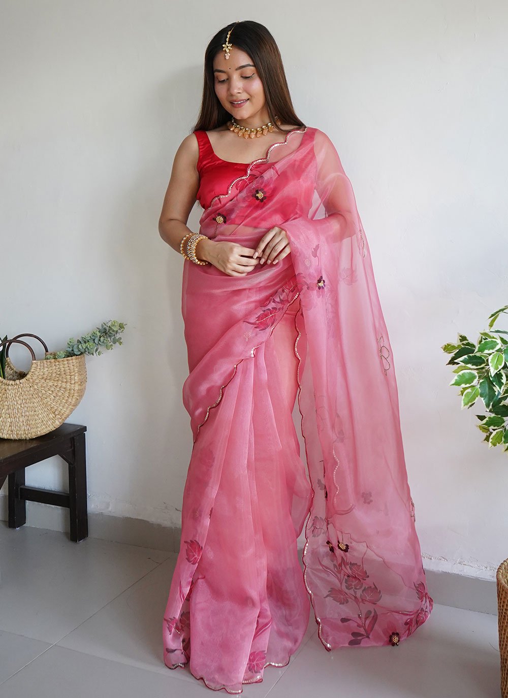 Trendy Saree Organza Pink Aari Work Saree