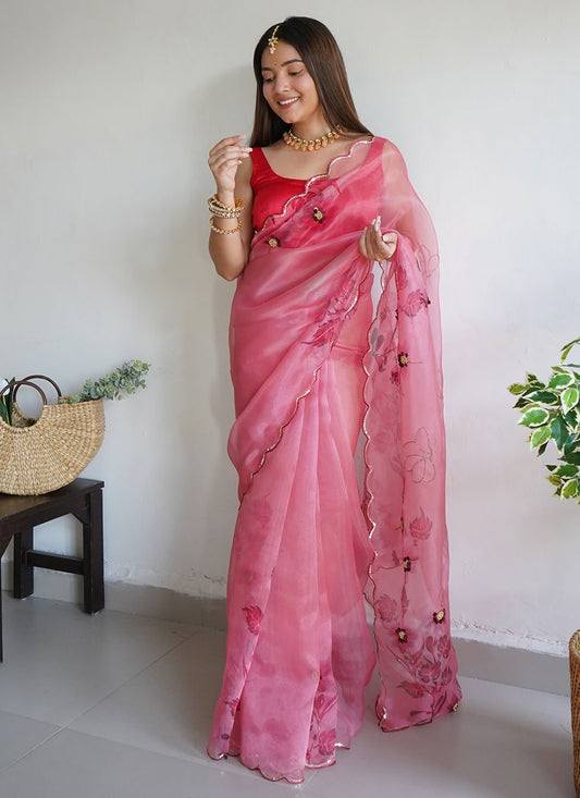 Trendy Saree Organza Pink Aari Work Saree