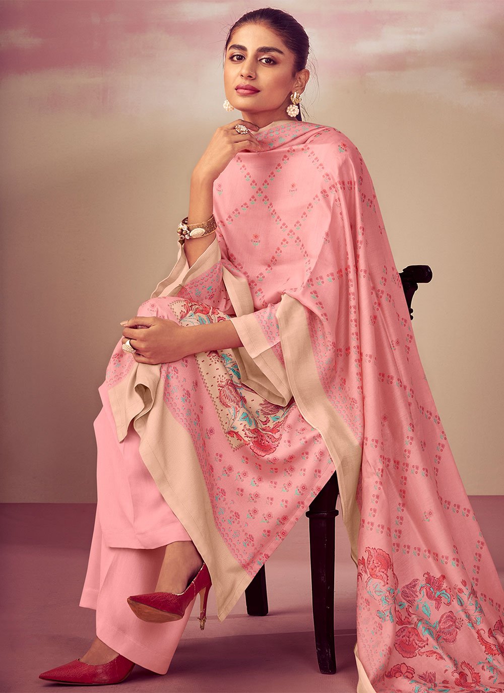 Palazzo Salwar Suit Pashmina Pink Digital Print Salwar Kameez