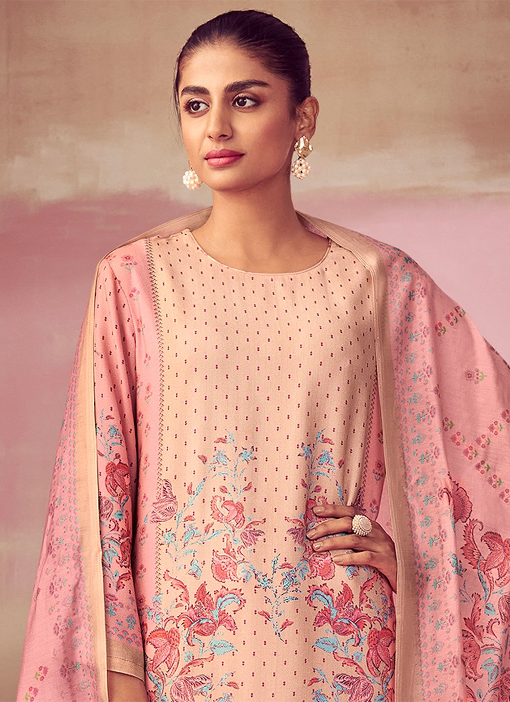 Palazzo Salwar Suit Pashmina Pink Digital Print Salwar Kameez