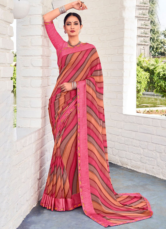 Trendy Saree Georgette Pink Patch Border Saree