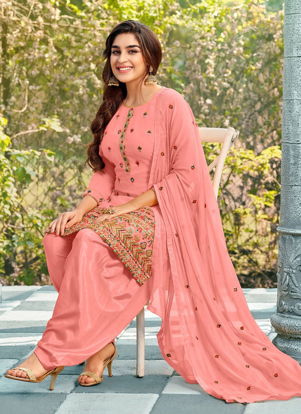 Patiala Suit Georgette Pink Embroidered Salwar Kameez
