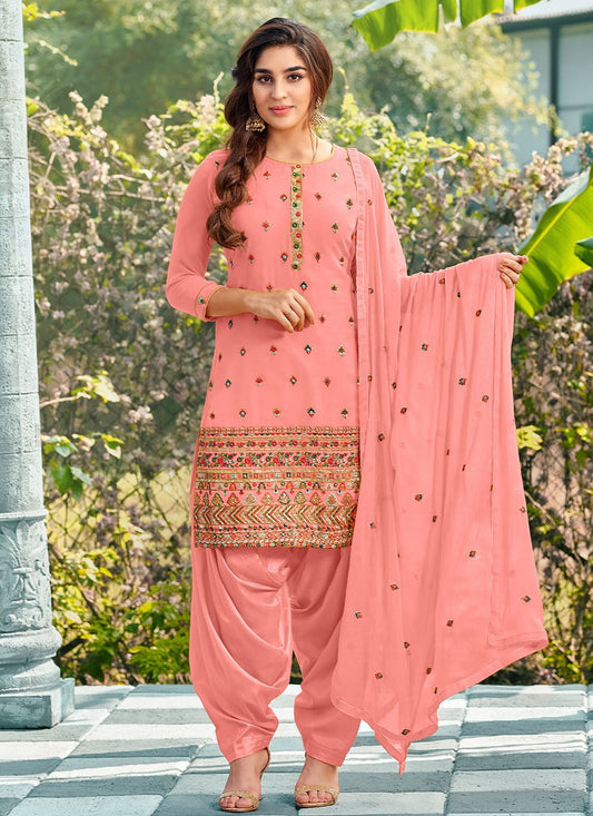 Patiala Suit Georgette Pink Embroidered Salwar Kameez