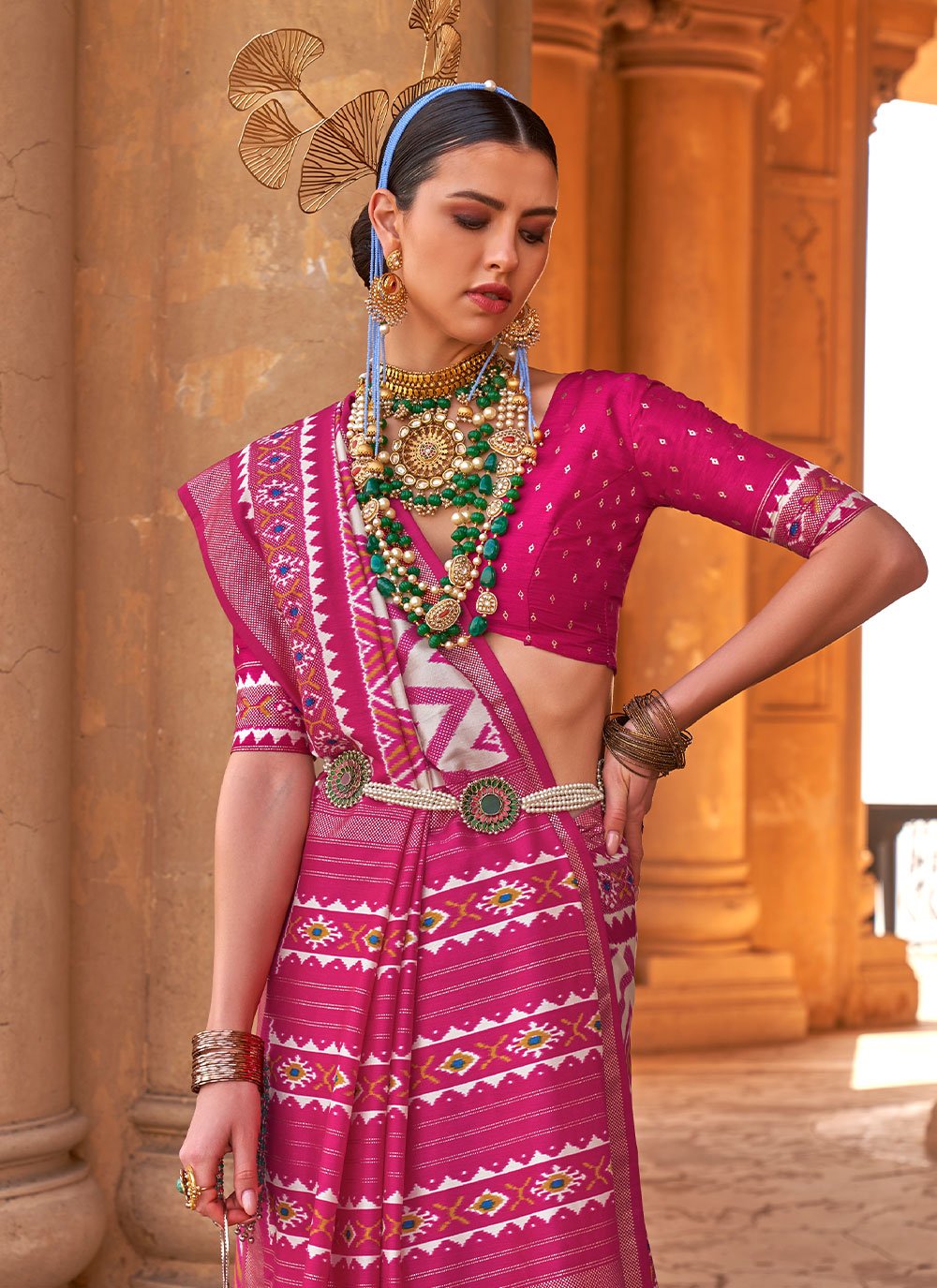 Contemporary Silk Pink Patola Print Saree