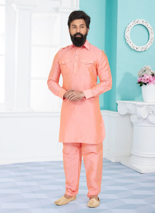 Kurta Pyjama Dupion Silk Pink Plain Mens