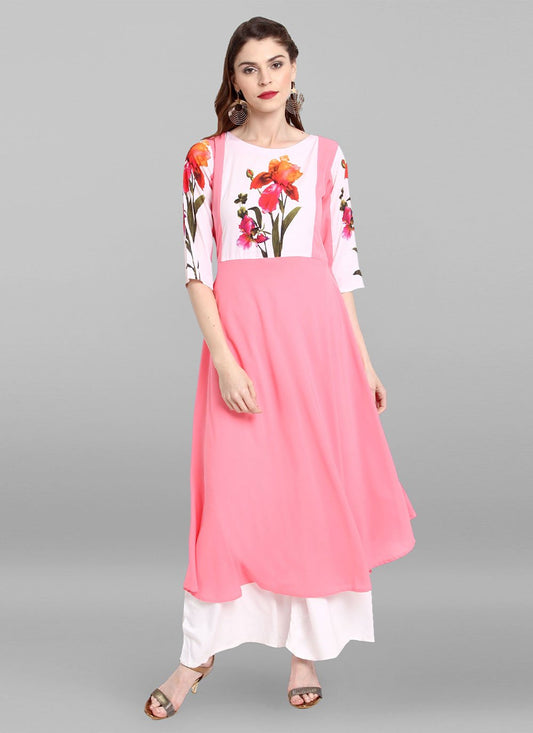 Casual Kurti Faux Crepe Pink Print Kurtis