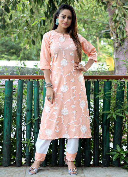 Pant Style Suit Blended Cotton Pink Embroidered Salwar Kameez