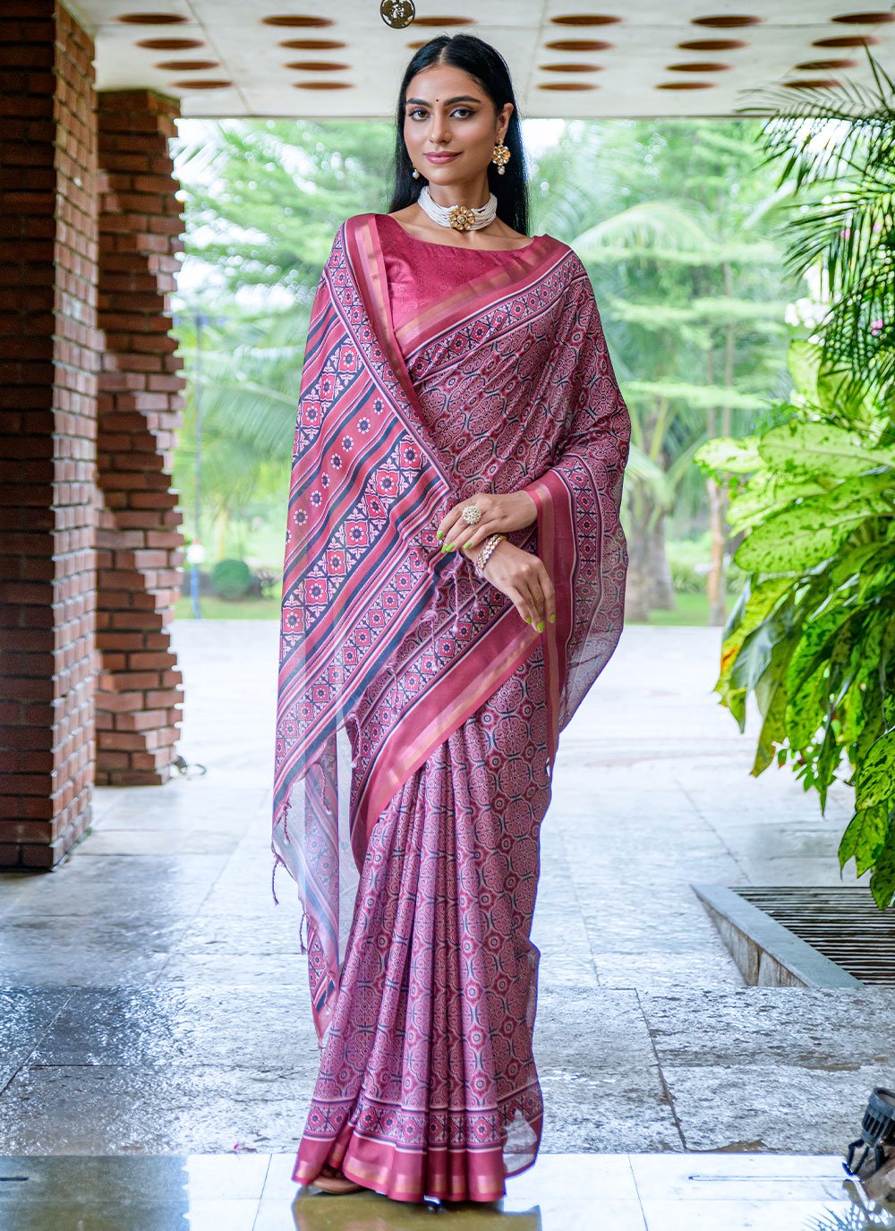 Classic Cotton Silk Pink Print Saree