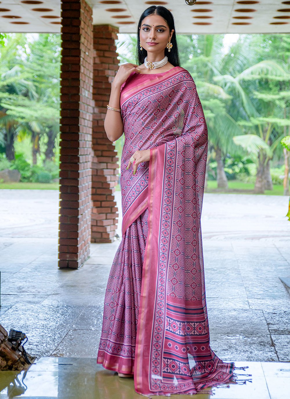 Classic Cotton Silk Pink Print Saree