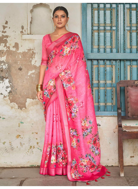 Classic Linen Pink Print Saree