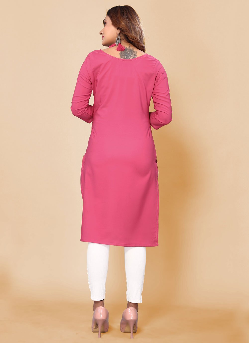 Party Wear Kurti Faux Crepe Pink Print Kurtis