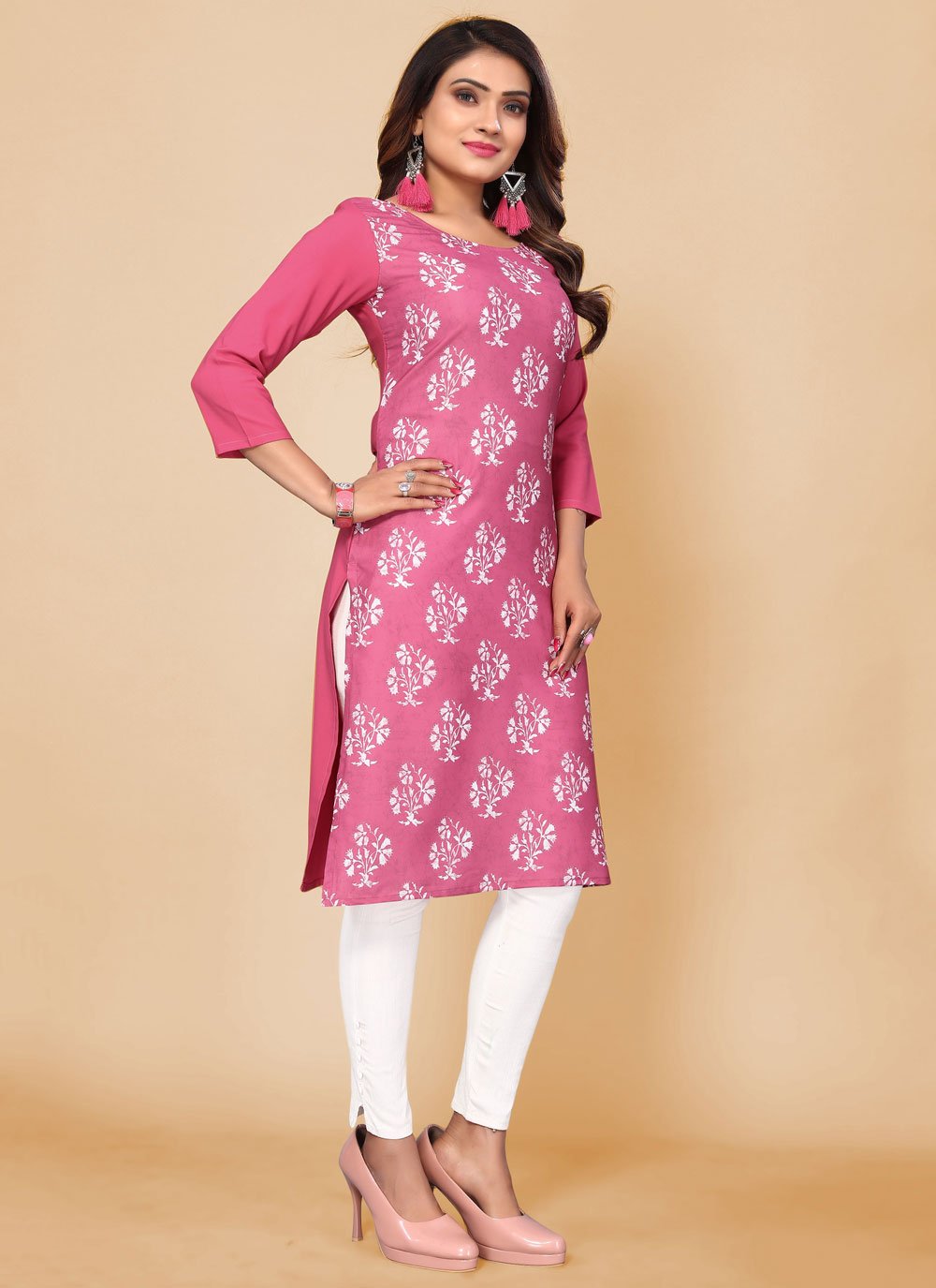 Party Wear Kurti Faux Crepe Pink Print Kurtis