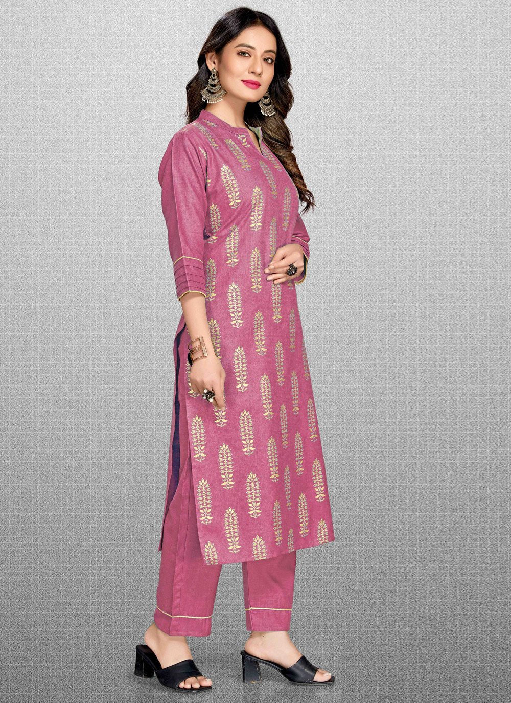 Anarkali Suit Blended Cotton Pink Print Salwar Kameez