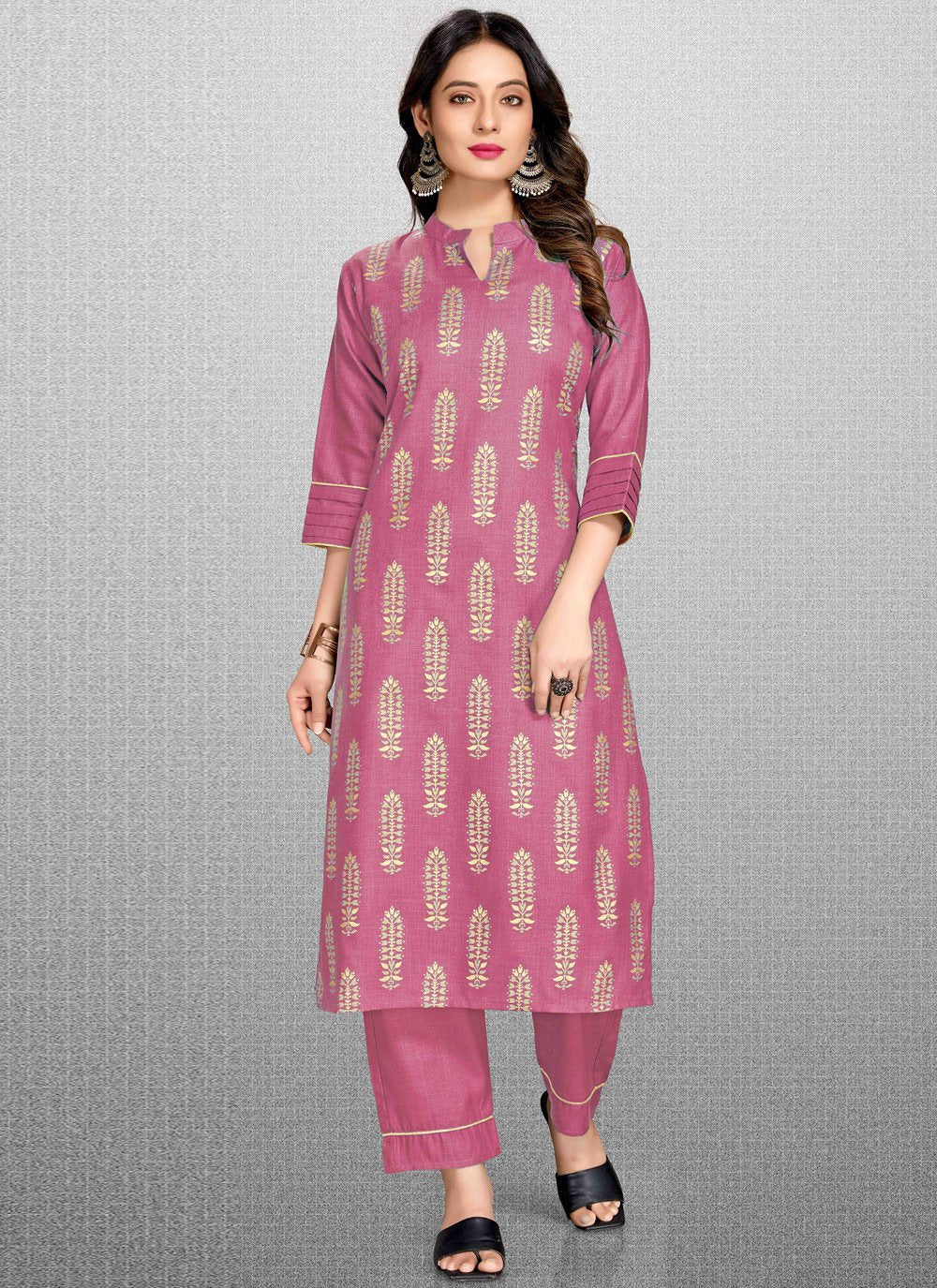 Anarkali Suit Blended Cotton Pink Print Salwar Kameez