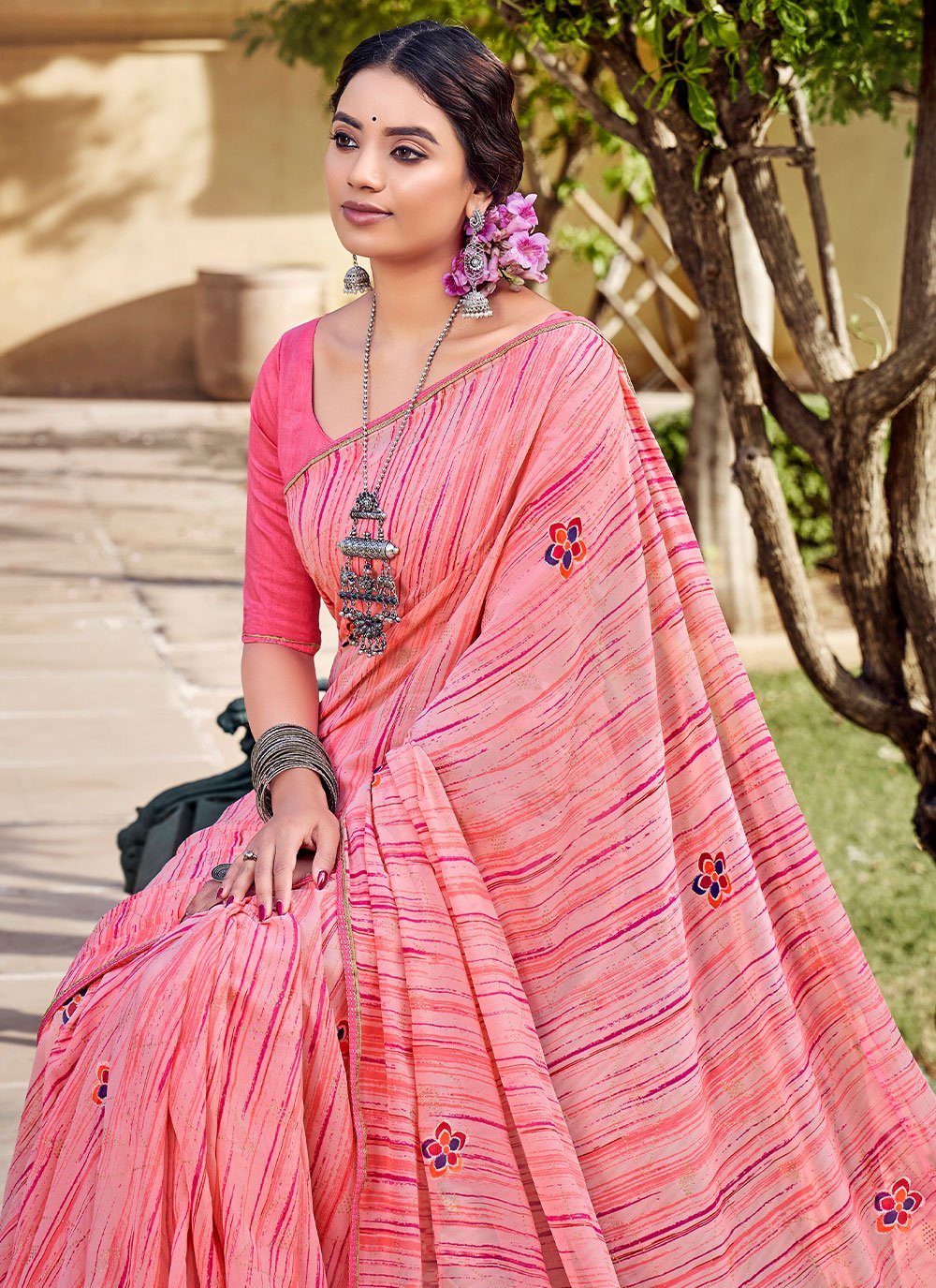 Trendy Saree Georgette Pink Print Saree