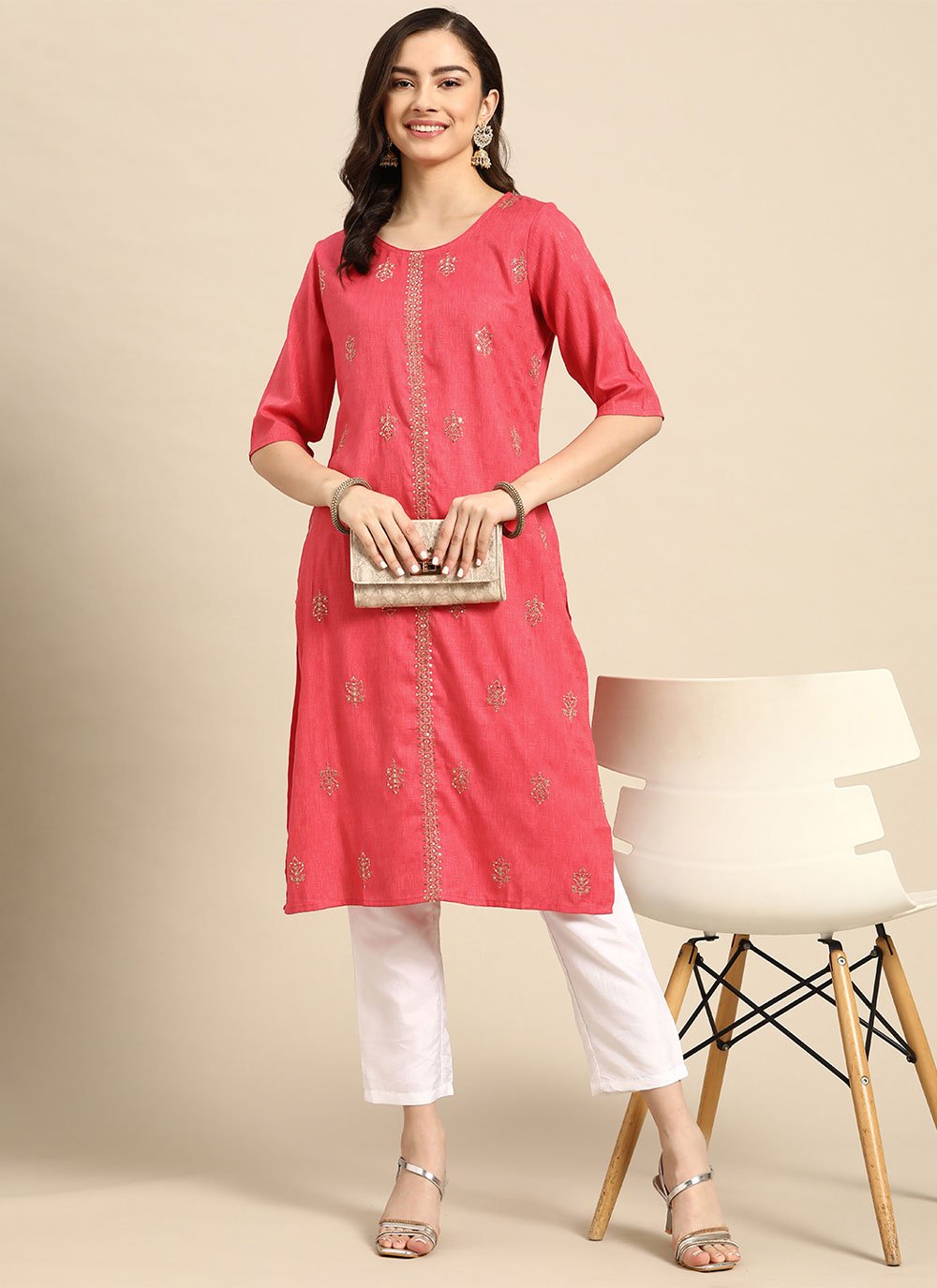 Casual Kurti Rayon Pink Embroidered Kurtis