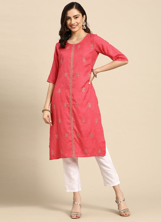 Casual Kurti Rayon Pink Embroidered Kurtis