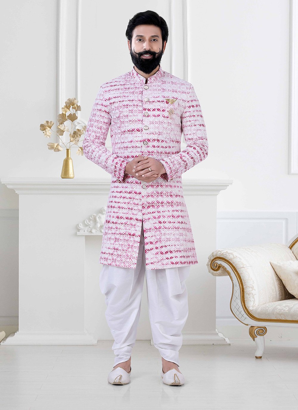 Indo Western Rayon Pink Lucknowi Work Mens