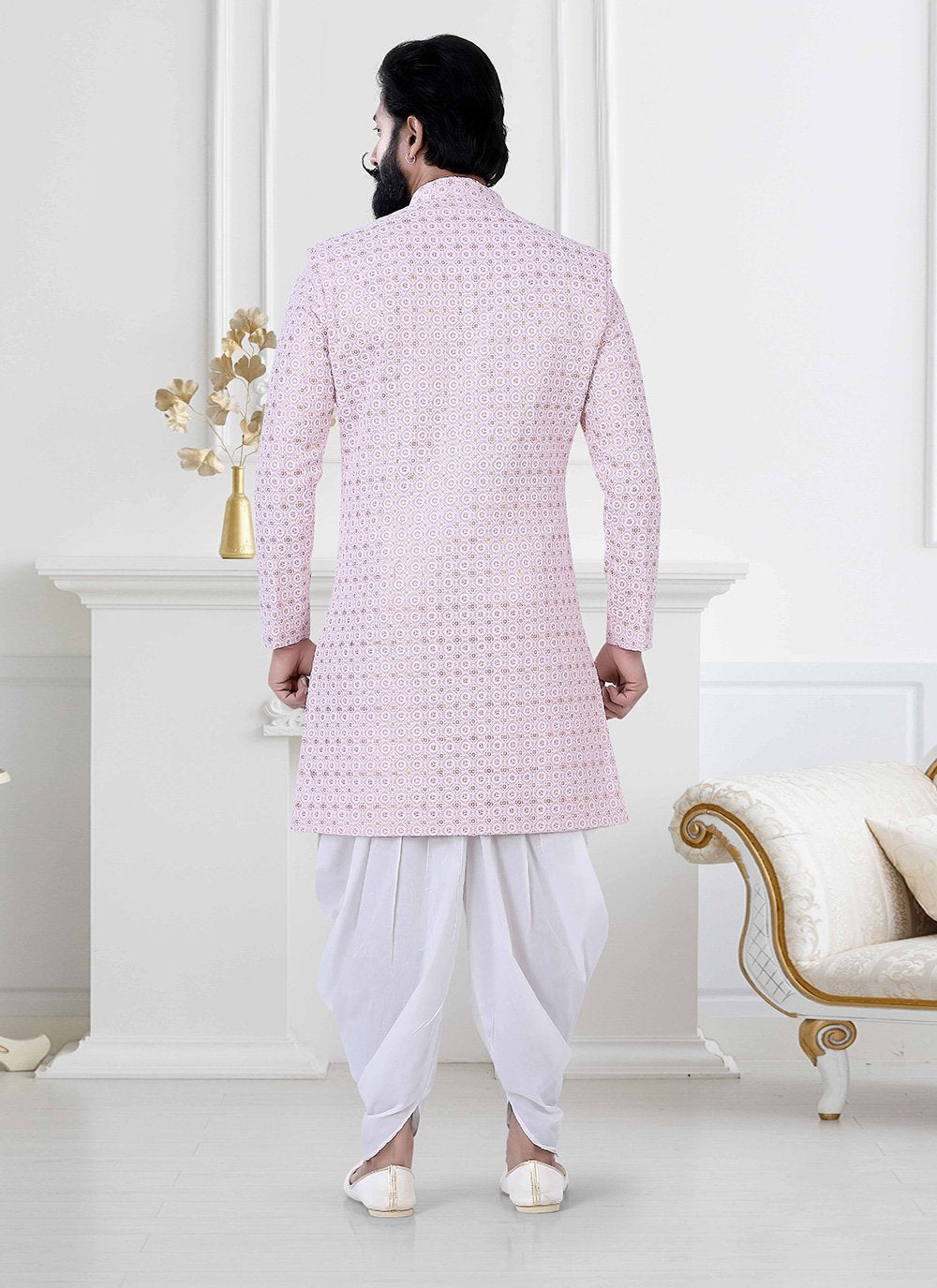 Indo Western Rayon Pink Lucknowi Work Mens