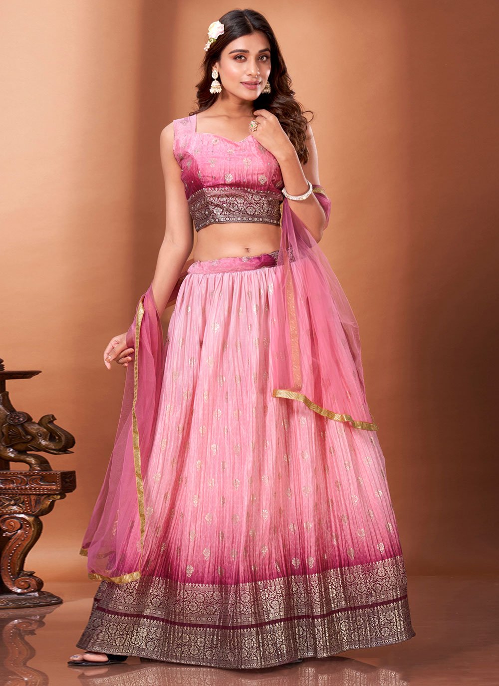 Readymade Lehenga Choli Chinon Pink Foil Print Lehenga Choli