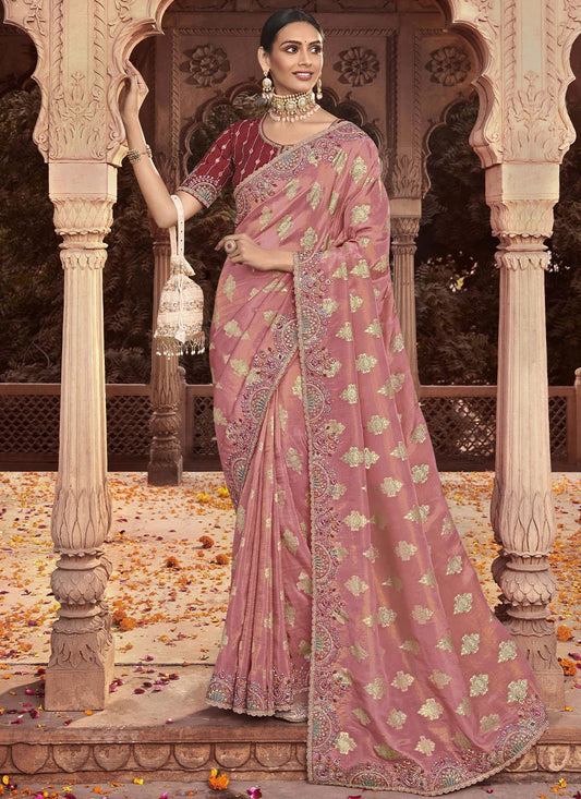 Contemporary Viscose Pink Jacquard Work Saree