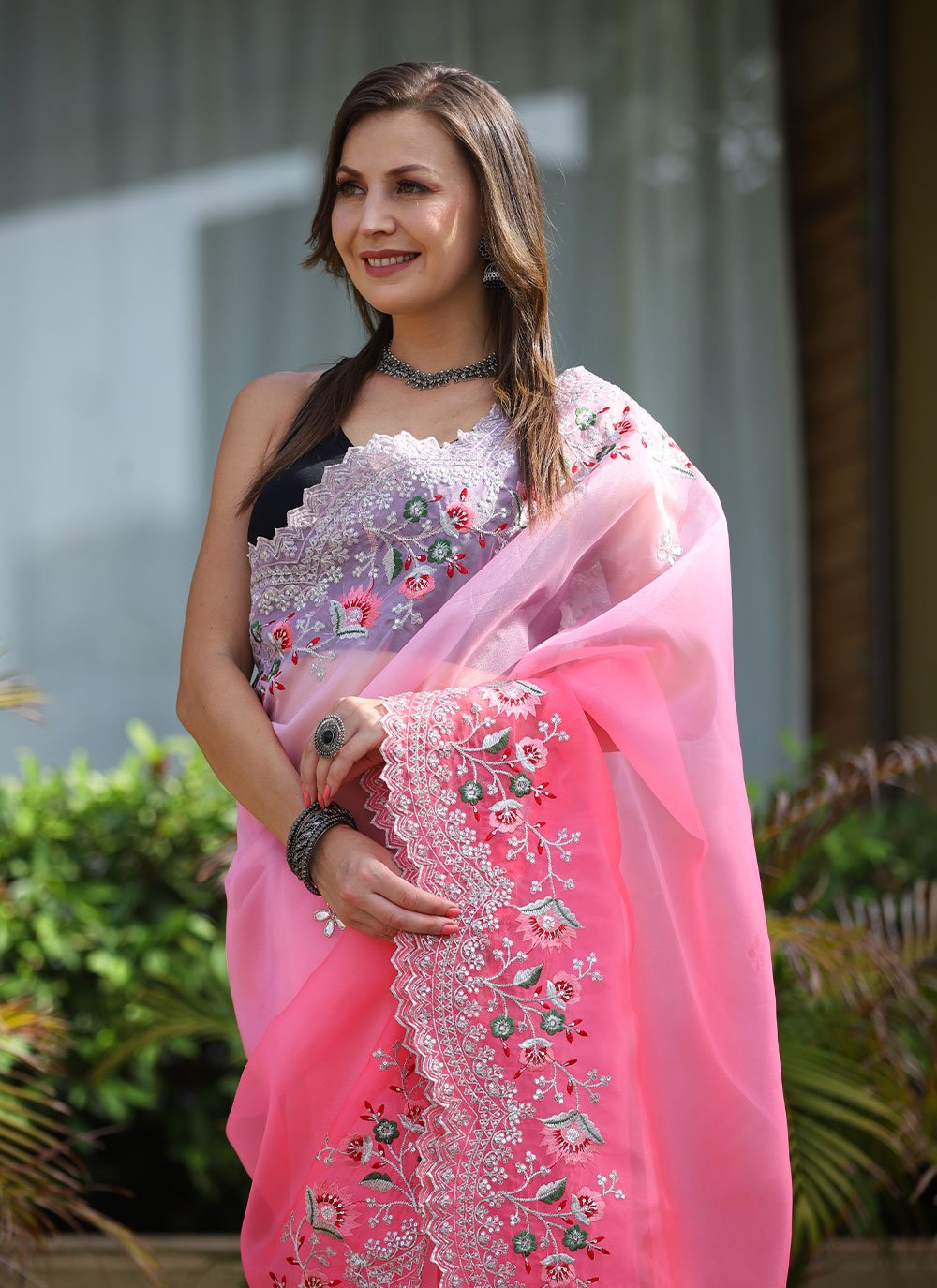 Contemporary Organza Pink Embroidered Saree