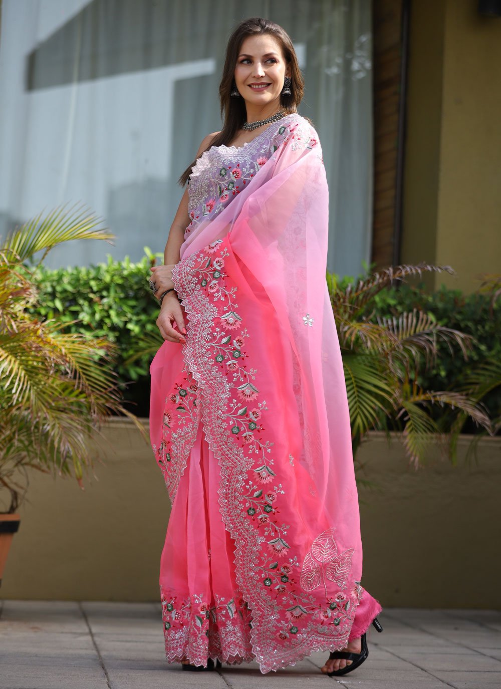 Contemporary Organza Pink Embroidered Saree