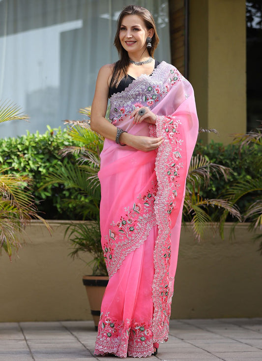 Contemporary Organza Pink Embroidered Saree