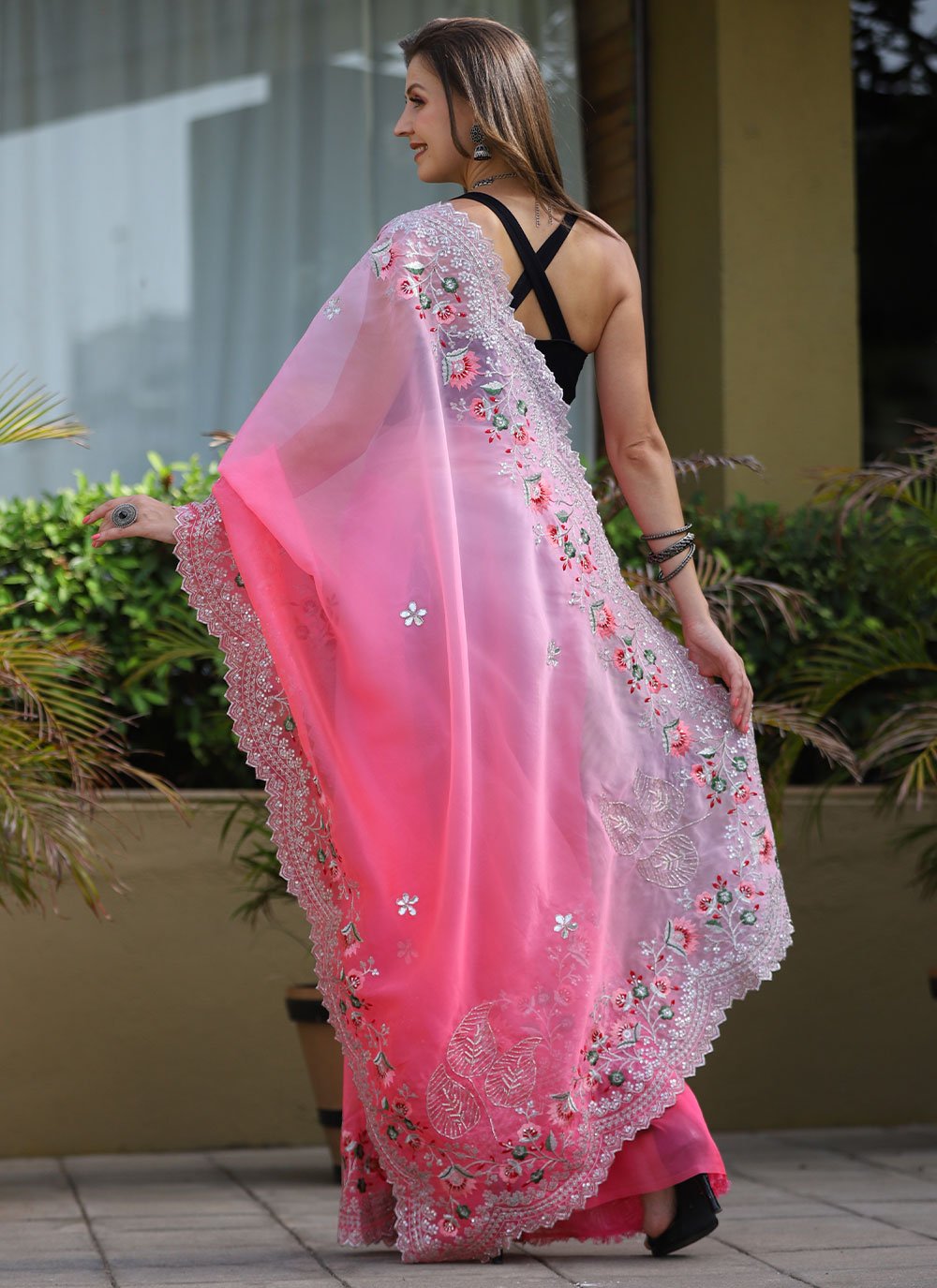 Contemporary Organza Pink Embroidered Saree