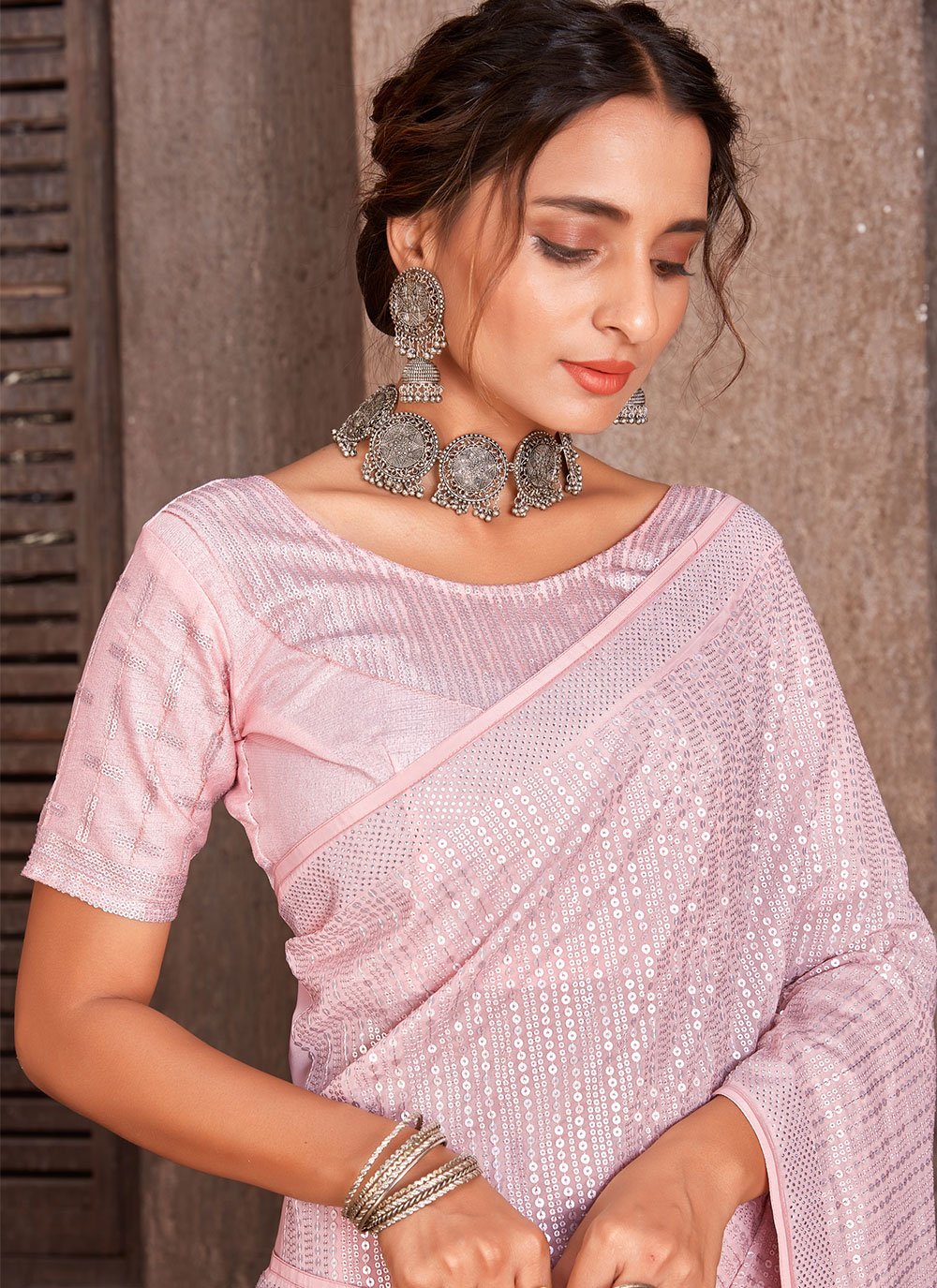 Trendy Saree Organza Pink Embroidered Saree