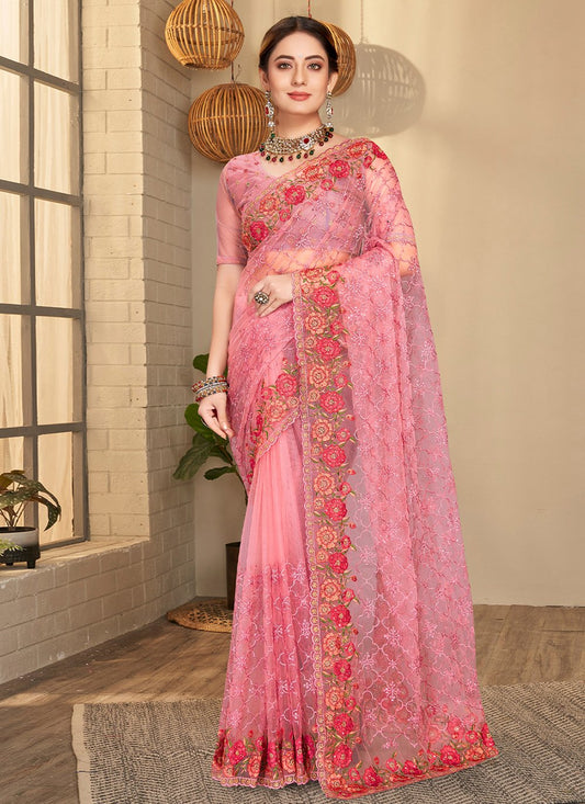 Contemporary Net Pink Embroidered Saree