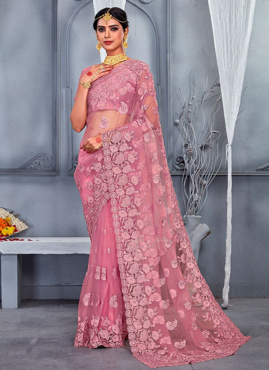 Contemporary Net Pink Embroidered Saree