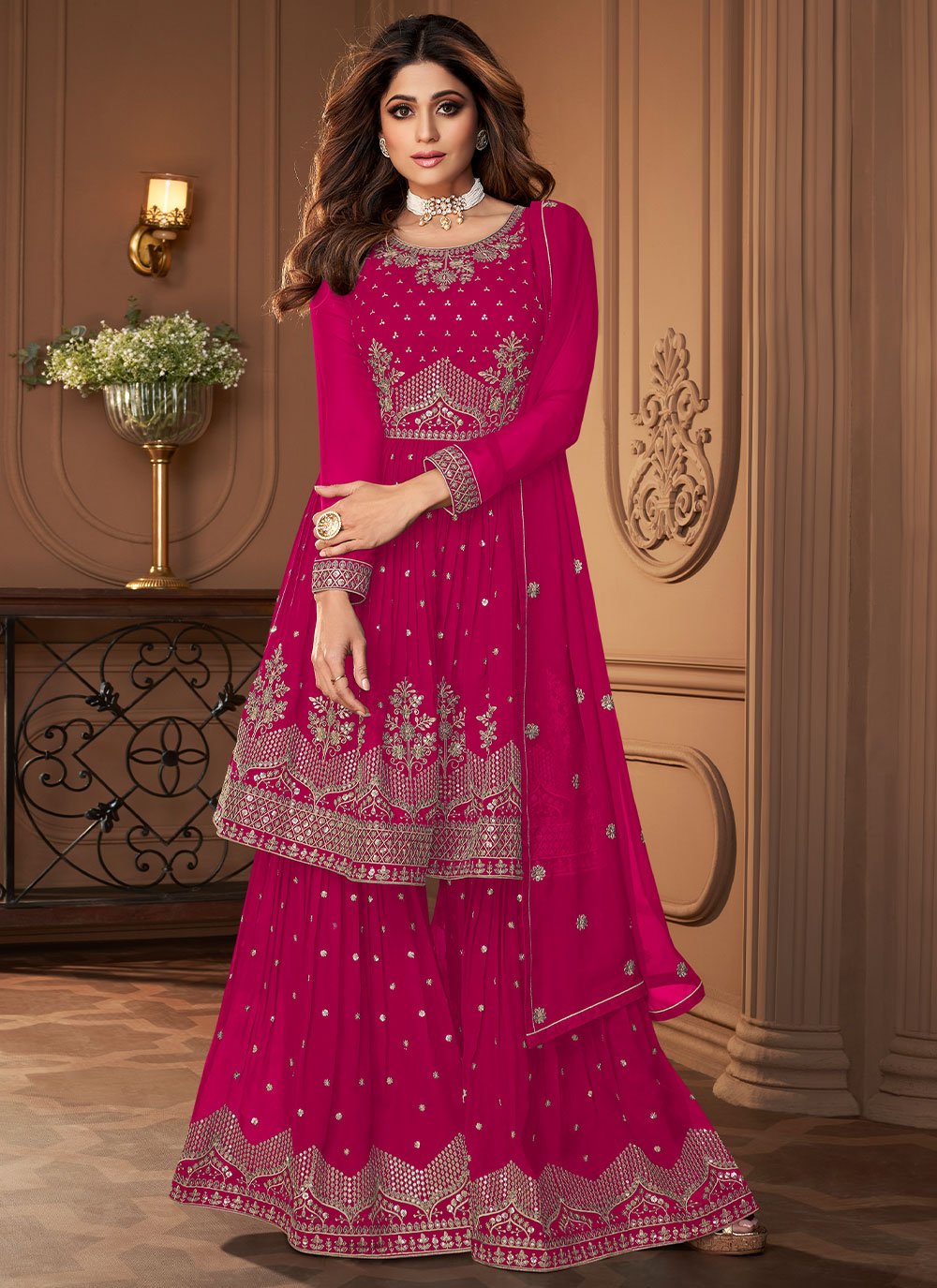 Palazzo Salwar Suit Georgette Pink Embroidered Salwar Kameez