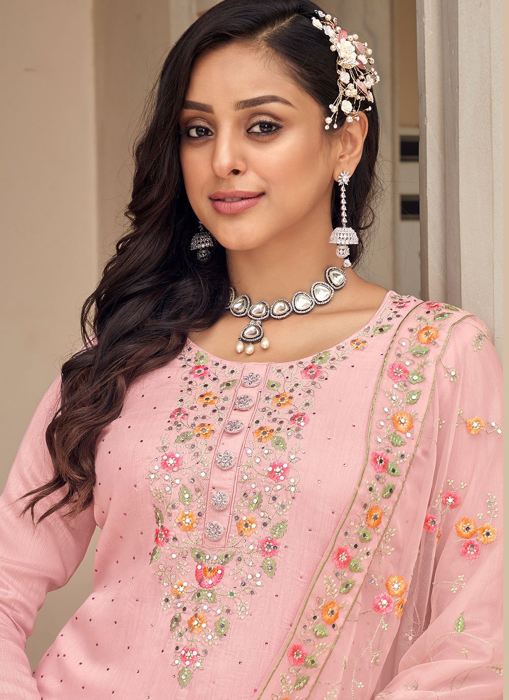 Pant Style Suit Silk Pink Embroidered Salwar Kameez