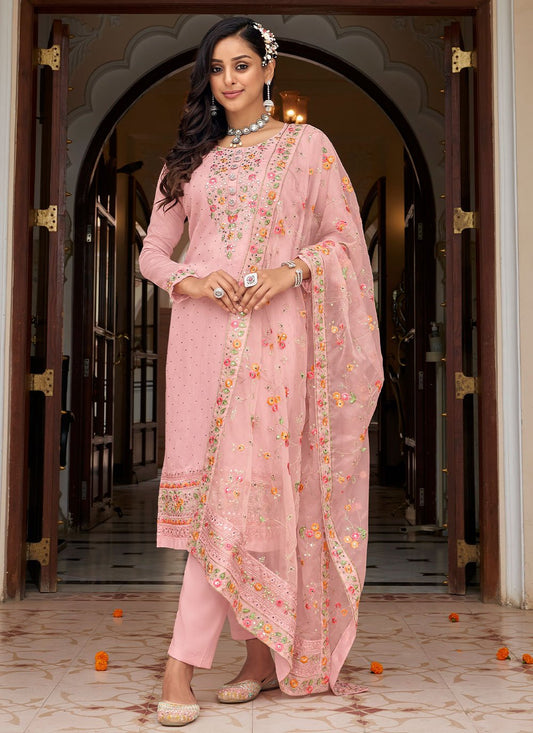 Pant Style Suit Silk Pink Embroidered Salwar Kameez